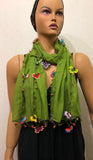 Crocheted Pistachio GREEN scarf with handmade multi color oya flowers - GREEN Scarf - Beaded Scarf - Crochet Beaded Scarf