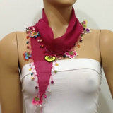 Sour Cherry Cotton Scarf with Crocheted flowers and multicolor beads