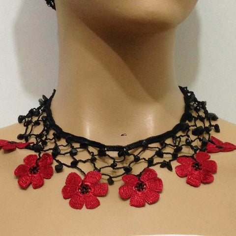 Burgundy RED and BLACK Choker Necklace with Crocheted Flower and semi precious ONYX Stones