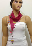 Sour Cherry Cotton Scarf with Crocheted flowers and multicolor beads