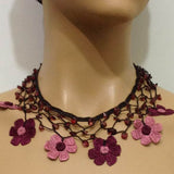 Plum and Pink Choker Necklace with Crocheted Flower and semi precious Pink Stones