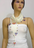 Ivory White Cotton Scarf with Crocheted flowers and multicolor beads - Off White