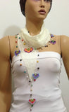 Ivory White Cotton Scarf with Crocheted flowers and multicolor beads - Off White