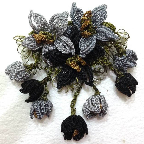 Black and Grey Hand Crochet Brooch - Flower Pin- Gift for Mom - Gift for Mother - Gift for Her - Unique Lace Brooches Jewelry - Fabric Flower Brooch