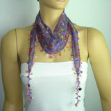 Purple Beaded Scarf Necklace with Red Flowers Printed - Handmade Crocheted Beaded Scarf - Puple scarf bandana