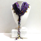 Purple Beaded Scarf Necklace with Red Flowers Printed - Handmade Crocheted Beaded Scarf - Puple scarf bandana