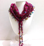 Pink Beaded Scarf Necklace with Blue Flowers Printed - Handmade Crocheted Beaded Scarf - Pink scarf bandana