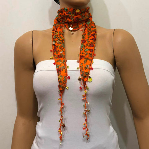 Orange Beaded Scarf Necklace with Red Flowers Printed - Handmade Crocheted Beaded Scarf - Orange scarf bandana