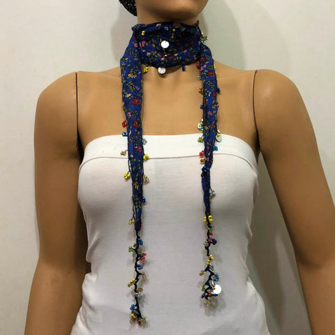 Blue Beaded Scarf Necklace with Red Flowers Printed - Handmade Crocheted Beaded Scarf - Indigo scarf bandana