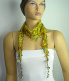 Yellow Beaded Scarf Necklace with Red Flowers Printed - Handmade Crocheted Beaded Scarf - Yellow scarf bandana