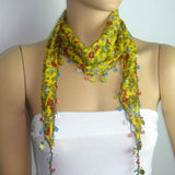 Yellow Beaded Scarf Necklace with Red Flowers Printed - Handmade Crocheted Beaded Scarf - Yellow scarf bandana
