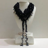 NAVY Handmade crocheted edged cotton oya scarf with sparkling spangles,shiny sequins, beads, and disks.