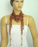 Cinnamon Brown Beaded Scarf Necklace with Yellow Flowers Printed - Handmade Crocheted Beaded Scarf - Cinnamon Brown scarf bandana