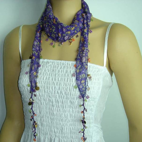 Purple Beaded Scarf Necklace with Orange Flowers Printed - Handmade Crocheted Beaded Scarf - Purple scarf bandana