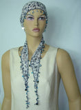 White Beaded Scarf Necklace with Navy Flowers Printed - Handmade Crocheted Beaded Scarf - White scarf bandana
