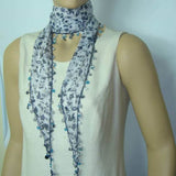 White Beaded Scarf Necklace with Navy Flowers Printed - Handmade Crocheted Beaded Scarf - White scarf bandana