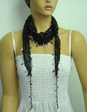 BLACK Handmade crocheted edged cotton oya scarf with sparkling spangles,shiny sequins, beads, and disks.