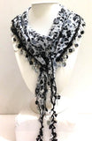 White Beaded Scarf Necklace with Black Flowers Printed - Handmade Crocheted Beaded Scarf - White scarf bandana
