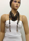 Black Beaded Scarf Necklace with Orange Flowers Printed - Handmade Crocheted Beaded Scarf - Black scarf bandana