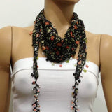 Black Beaded Scarf Necklace with Orange Flowers Printed - Handmade Crocheted Beaded Scarf - Black scarf bandana