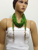 Green Beaded Scarf Necklace with Red Flowers Printed - Handmade Crocheted Beaded Scarf - Green scarf bandana