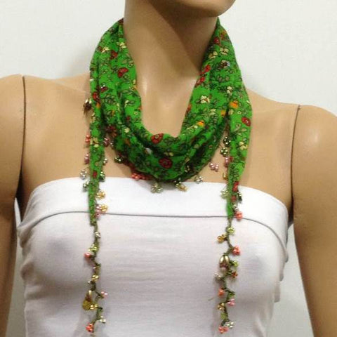 Green Beaded Scarf Necklace with Red Flowers Printed - Handmade Crocheted Beaded Scarf - Green scarf bandana