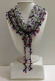 White Beaded Scarf Necklace with Purple Flowers Printed - Handmade Crocheted Beaded Scarf - White scarf bandana