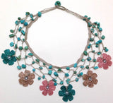 Turquoise, Rose Pink and Beige Choker Necklace with Crocheted Flower and semi precious Turquoise Stones