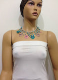 Turquoise, Rose Pink and Beige Choker Necklace with Crocheted Flower and semi precious Turquoise Stones