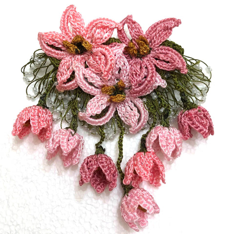 Pink Hand Crochet Brooch - Flower Pin- Gift for Mom - Gift for Mother - Gift for Her - Unique Lace Brooches Jewelry - Fabric Flower Brooch