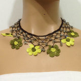 Olive Green and Yellow Daisy Choker Necklace with Crocheted Flower and semi precious green Stones