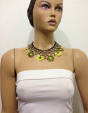 Olive Green and Yellow Daisy Choker Necklace with Crocheted Flower and semi precious green Stones