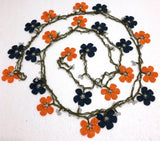 ORANGE and NAVY Crochet beaded flower lariat necklace with white beads