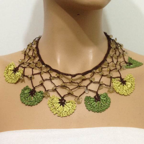 Green and Greenish Yellow Choker Necklace with Crocheted Flower and semi precious green Stones