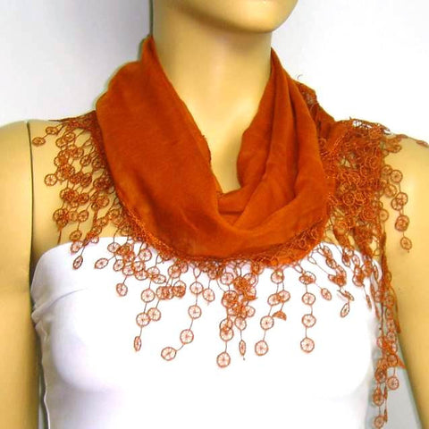 Cinnamon Brown fringed edge scarf - Scarf with Lace Fringe