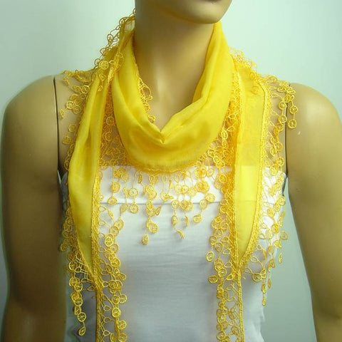 Marigold Yellow fringed edge scarf - Scarf with Lace Fringe