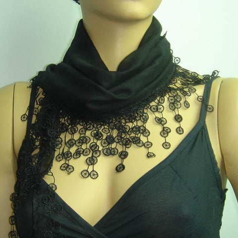 Black fringed edge scarf - Scarf with Lace Fringe