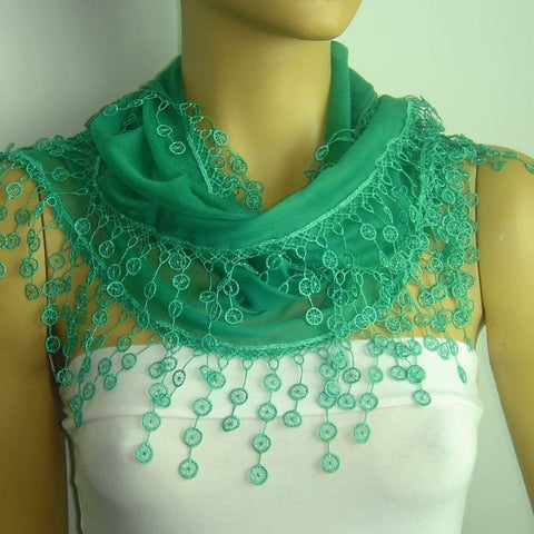 Green fringed edge scarf - Scarf with Lace Fringe