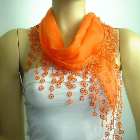 Pumpkin Orange fringed edge scarf - Scarf with Lace Fringe