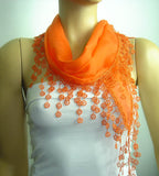 Pumpkin Orange fringed edge scarf - Scarf with Lace Fringe