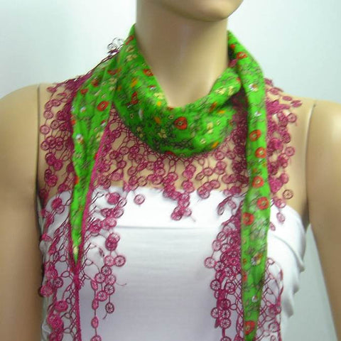 Green with Red flowers printed and Sour Cherry fringed edge scarf - Scarf with Lace Fringe