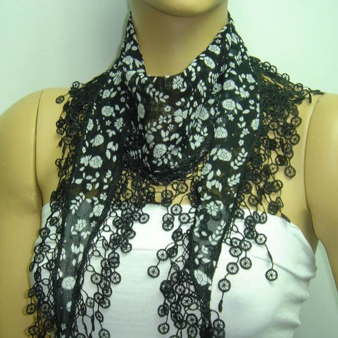 Black with white flowers printed fringed edge scarf - Scarf with Lace Fringe