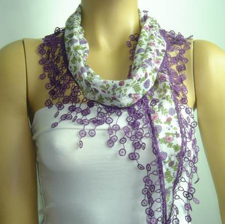 White with Purple and Lilac flowers printed and PURPLE fringed edge scarf - Scarf with Lace Fri