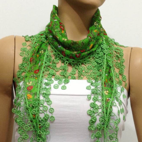 Green with Red flowers printed fringed edge scarf - Scarf with Lace Fringe
