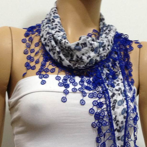 White with Navy flowers printed fringed edge scarf - Scarf with Lace Fringe