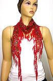 Red with Purple flowers printed fringed edge scarf - Scarf with Lace Fringe