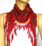 Red with Purple flowers printed fringed edge scarf - Scarf with Lace Fringe