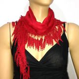 Red fringed edge scarf - Scarf with Lace Fringe