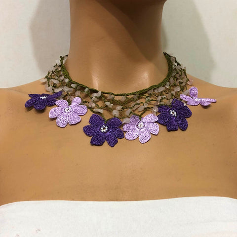 Lilac and Purple Choker Necklace with Crocheted Flower Oya