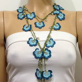 BLUE Crochet beaded flower lariat necklace with beads - Crochet Accessory - Turkish Crochet Oya -Turkish Crochet Lace - Crochet Jewelry